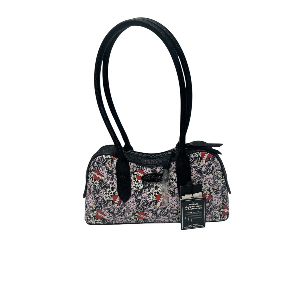 Ed Hardy Pink Vegan Leather Shoulder Bag LKS Logo Skull Snake Y2K NWT
